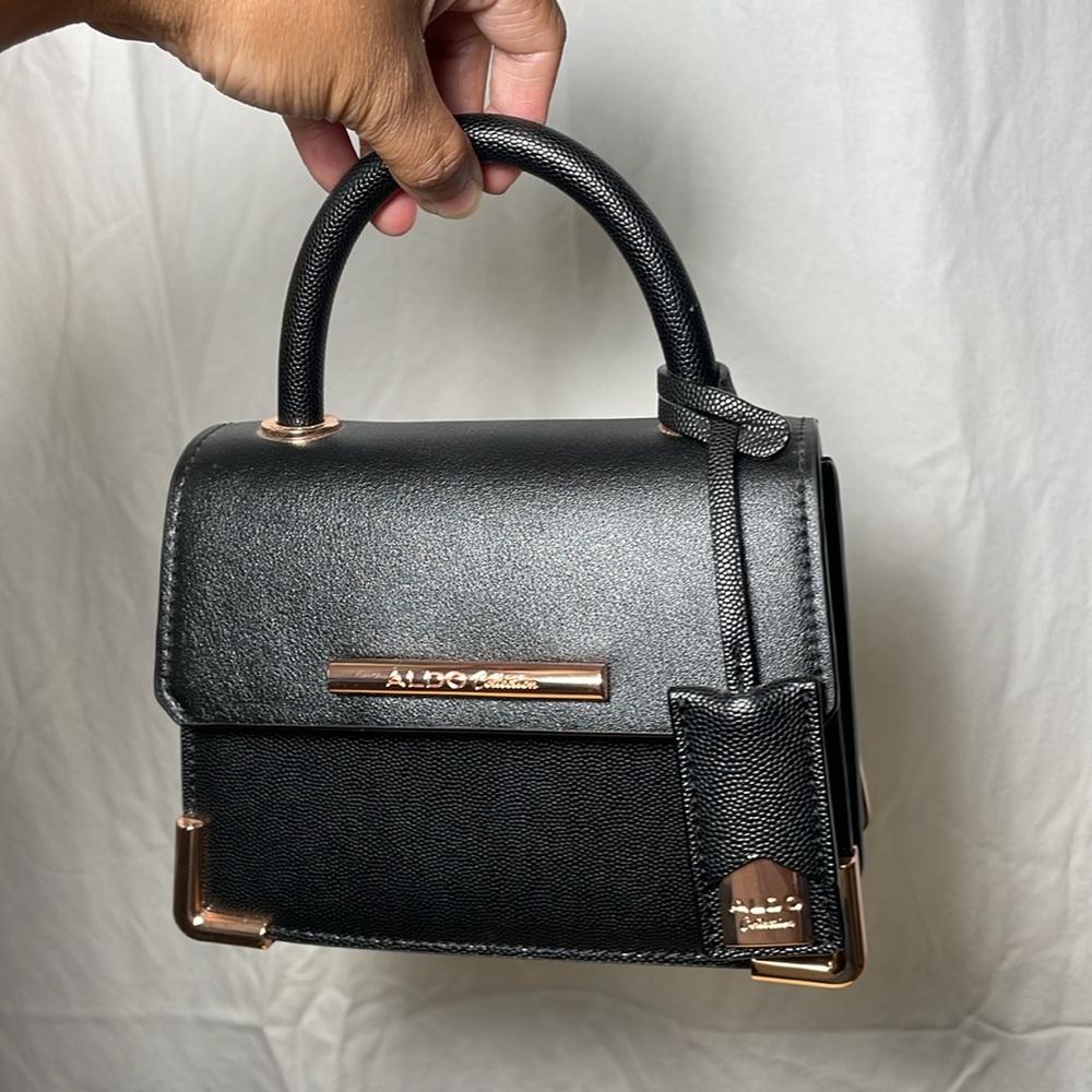 Aldo Women's Micro Mini Black Top Handle Crossbody Bag Handbag Rose Gold